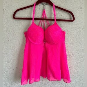 La Senza Lingerie slip babydoll Neon Pink front closure padded jewelled T chain